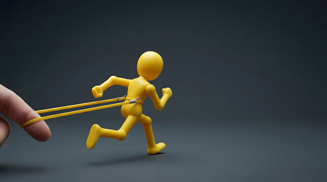 Yellow 3D Mannequin Character Running Forward While Being Pulled Back by a Human Hand with an Elastic Band, Symbolizing Resistance, Obstacles, and the Struggle to Achieve Goals and Success