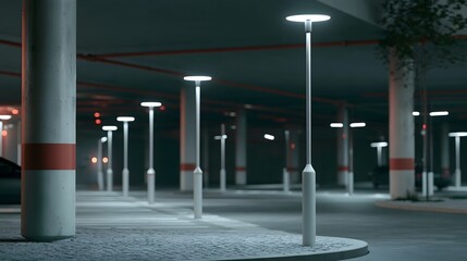 Obraz premium Modern LED streetlights illuminate an empty underground parking garage with concrete pillars and red safety stripes