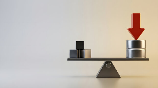 Minimalist 3D render of metallic objects balancing on a scale with a large red arrow pointing down, symbolizing financial pressure, cost reduction, economic impact, and asset devaluation.
