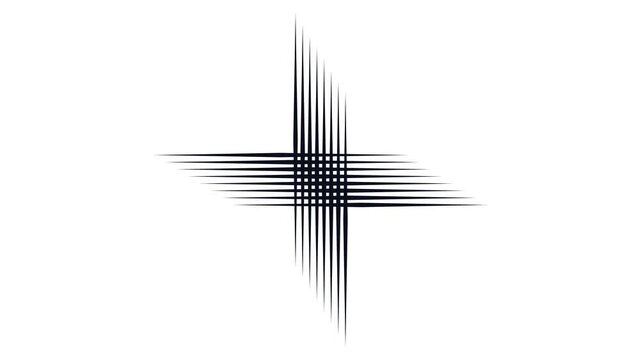 High-quality seamless loop flat vector animation of an abstract optical art geometric shape assembling itself. Features 8 intersecting horizontal and vertical tapered lines that dynamically slide in f