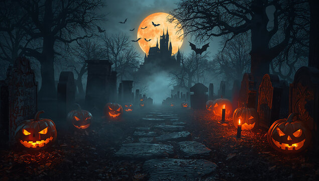 Spooky halloween graveyard scene with carved glowing pumpkins and distant castle under full moon halloween graveyard cemetery jackolantern tombstone celebration mysterious supernatural