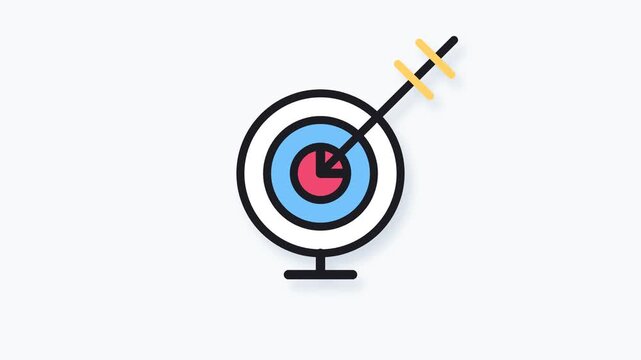 High-quality flat vector animation featuring a corporate bullseye target and a high-velocity arrow strike. Represents concepts of business strategy, goal achievement, precision planning, and successfu