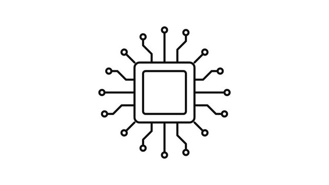High-quality seamless loop flat vector animation of an AI microchip icon in a 16:9 aspect ratio. The animation utilizes a highly precise sequential path-tracing choreography. The circuit roots and the