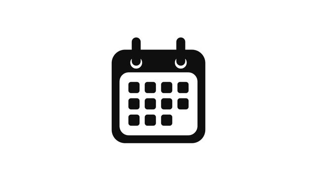 High-quality seamless loop flat vector animation of a perfectly proportioned classic calendar icon in a 16:9 4K aspect ratio. This version fixes the binder hole overlap by recalculating the Y-coordina