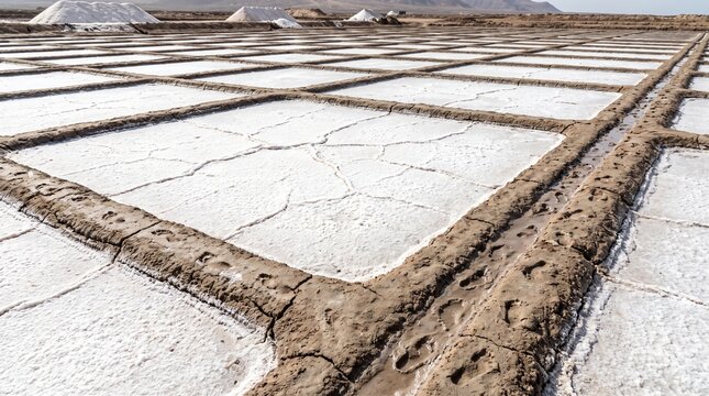 Grid of Shallow Salt Evaporation Pans Divided by Mud Walls Showing Artisanal Salt Harvest