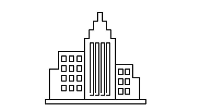 High-quality seamless loop flat vector animation of a perfectly proportioned geometric city skyline icon in a 16:9 4K aspect ratio. Features a central stepped-roof skyscraper flanked by geometrically