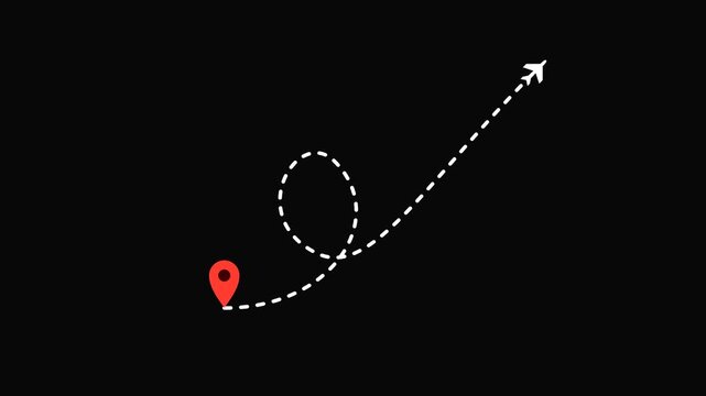 High-quality seamless loop flat vector animation of a winding dashed flight route in a dark mode 16:9 aspect ratio. The masking stroke width has been mathematically refined to completely eliminate pre