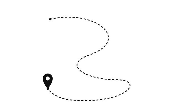 High-quality seamless loop flat vector animation of a winding dashed route line leading to a map pin in a 16:9 aspect ratio. The vector coordinates have been mathematically centered to prevent any cli