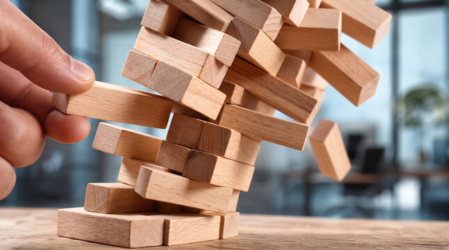 Wooden block tower collapsing during a game in an office setting  