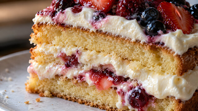 Close-up of cream filling oozing from cut layer cake