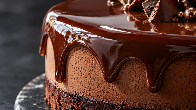 Close-up of glossy mirror glaze dripping over mousse cake