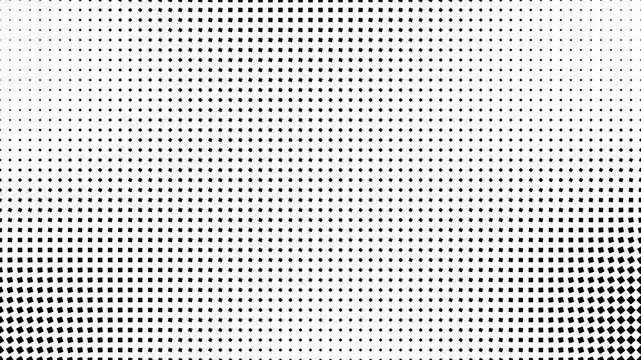 High-quality seamless loop of a full-frame generative optical art matrix using square tiles. Features a dense, edge-to-edge grid of black squares on a white background that dynamically scale and rotat