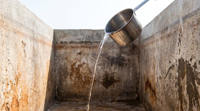 Drop in the Bucket Concept, a Small Cup Pouring a Thin Stream Into a Huge Empty Tank