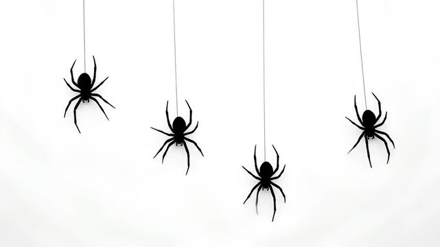 Four black silhouette spiders hanging from threads on white background