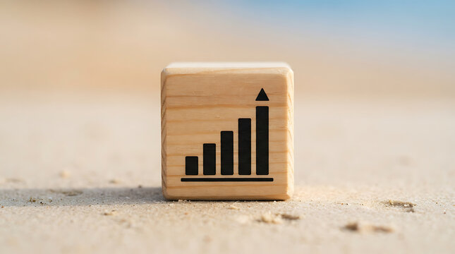 Wooden block with a rising growth chart