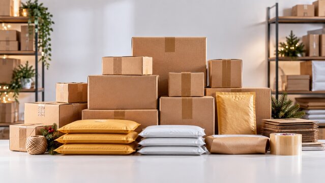 Stack of cardboard shipping boxes, padded envelopes, and mailing supplies on a table in a warehouse setting