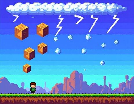Pixel art character standing in a surreal weather landscape with falling shapes