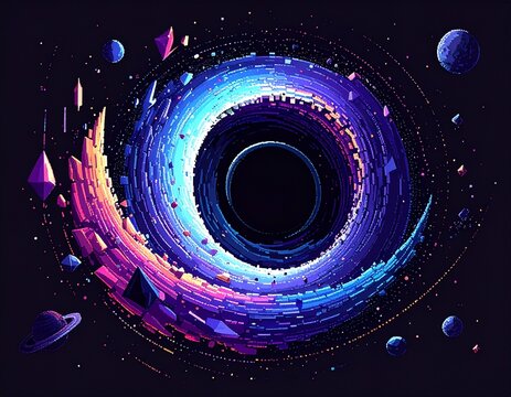 Pixel art black hole with geometric cubes and planets in deep space background