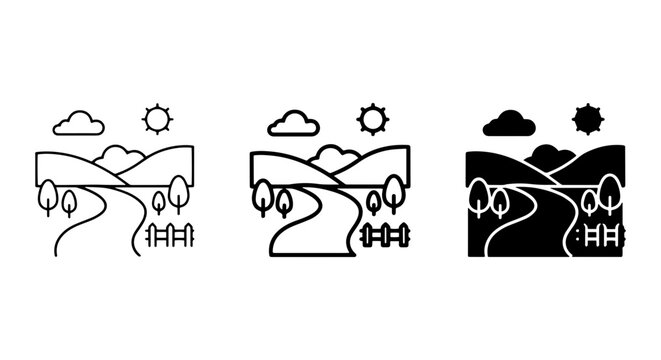 Rural Landscape Icons: Countryside Scenes, Nature Paths, Sun, Clouds, Trees, Fence