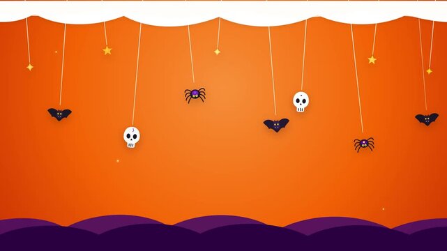 Halloween background with hanging bats and skulls on orange