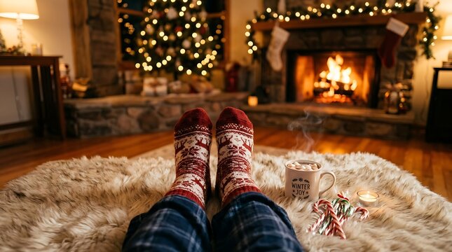 Person relaxing on a fluffy rug by a christmas fireplace with a warm drink