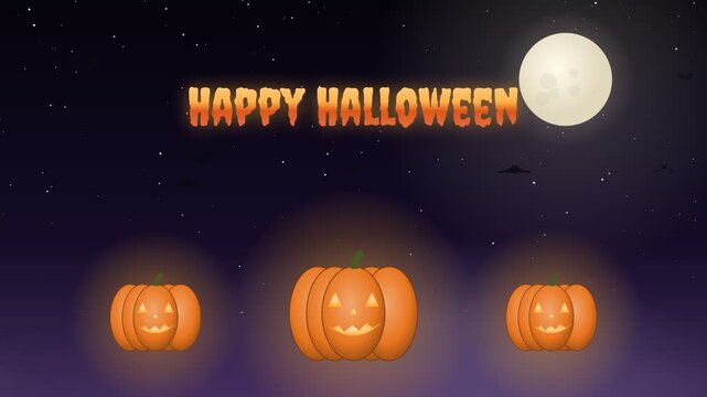 Halloween pumpkins glowing under full moon night sky