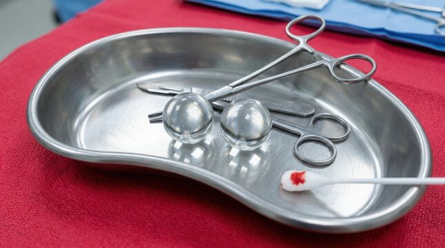 Medical surgical tools in a metal tray for surgery illustration