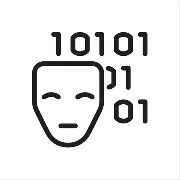 Outline Icon Binary Code and Mask. Such Line Symbol Spyware, AI Technology, Artificial Intelligence Error in Code. Vector Isolated Custom Pictogram for Web and App on White Background Editable Stroke.