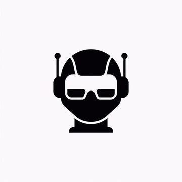 Minimalist robot head icon with antennas and visor for technology and AI interface design.