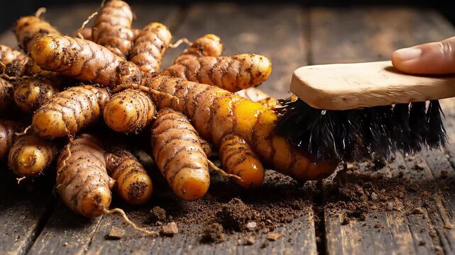 Hand brushing dirt from fresh turmeric roots on a wooden surface
