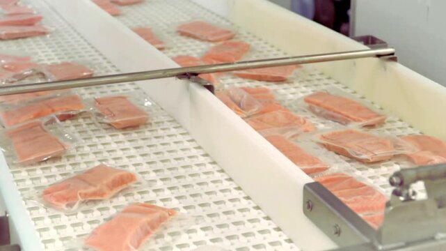 Vacuum Packed Salmon Portions Moving on Factory Conveyor Belt
