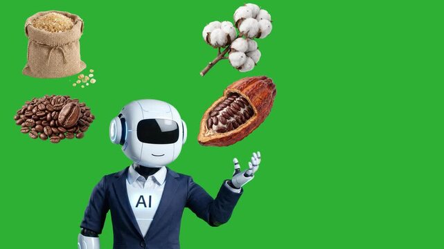 AI Robot in Business Suit Analyzing Agricultural Commodities like Coffee Beans Cotton and Cocoa for Trading Decisions