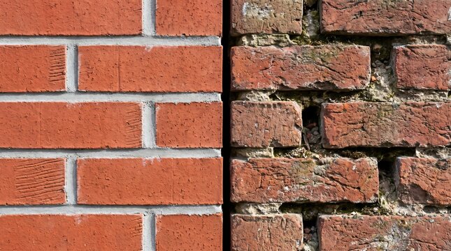 Brick Wall With Crisp New Repointing Beside Eroded Old Joints Showing Deferred Maintenance