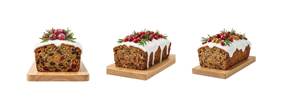 Homemade Christmas fruitcake with sugar icing, cranberries and rosemary on wooden board isolated on transparent background, year-end holiday traditional dessert collection in different angles