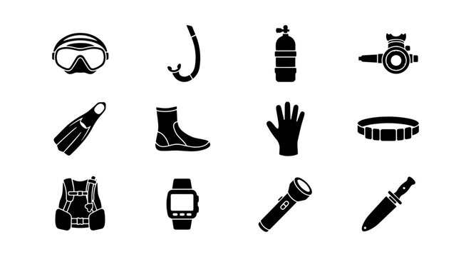Scuba Diving Gear Icons Set, Underwater Equipment Collection, Vector Symbols for Water Sports and Ocean Exploration