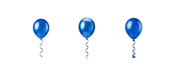 Obraz premium Three glossy blue helium balloons with curly ribbons set isolated on white background, festive collection for birthday party, anniversary celebration, and decorative graphic design elements.