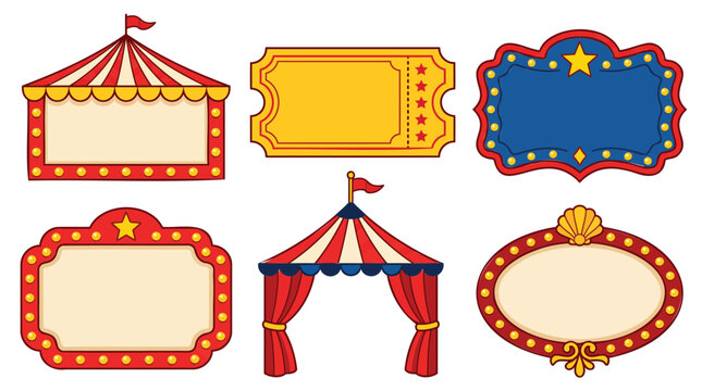 Set of colorful circus carnival banners, tickets, and vintage theater frames with empty space