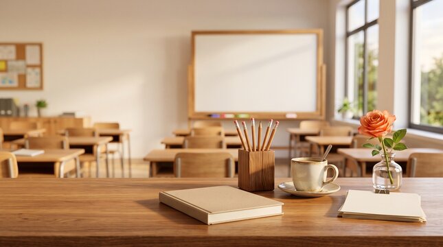 Teacher desk in empty classroom, wooden school classroom desk background, bright educational study space interior, warm morning light background