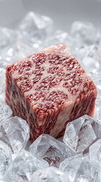 A single cube of premium wagyu beef marbled meat resting on ice cubes.