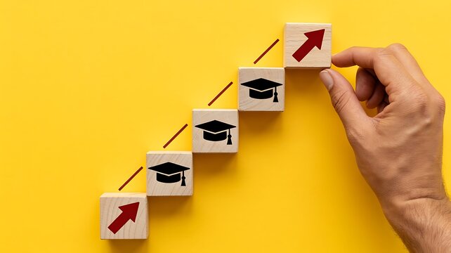 Career development concept with ascending steps, graduation caps, and upward arrows