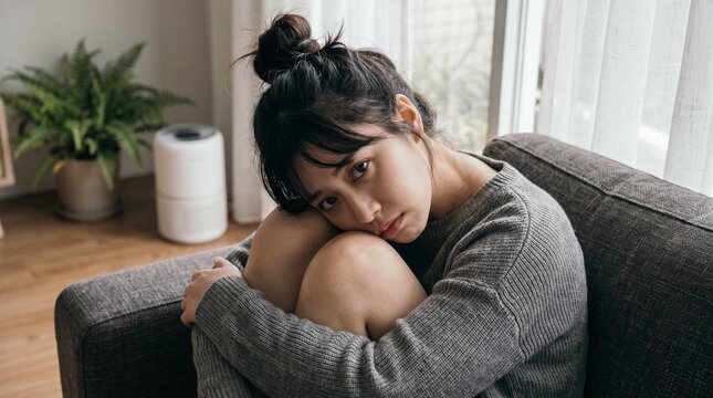 Young Asian woman sitting on a sofa, hugging her knees, looking sad and pensive in a living room.