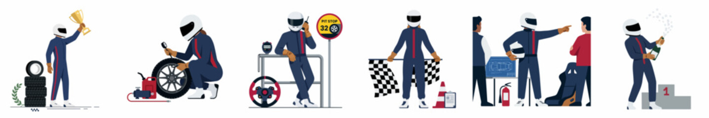 Obraz premium Professional Race Car Driver Illustration Set Showing Various Activities Including Celebrating Win, Pit Stop Maintenance, and Team Coordination