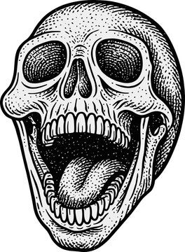 Screaming Skull with Open Mouth and Tongue Out, Hand Drawn Stipple Ink Illustration