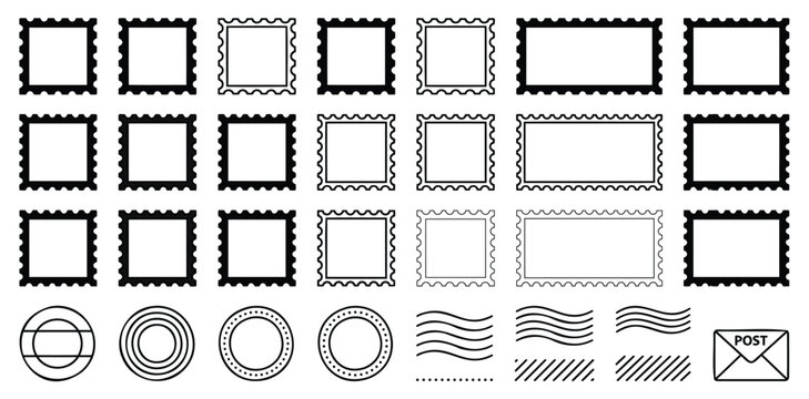 Vector postage stamp border templates and postmark cancellation marks set