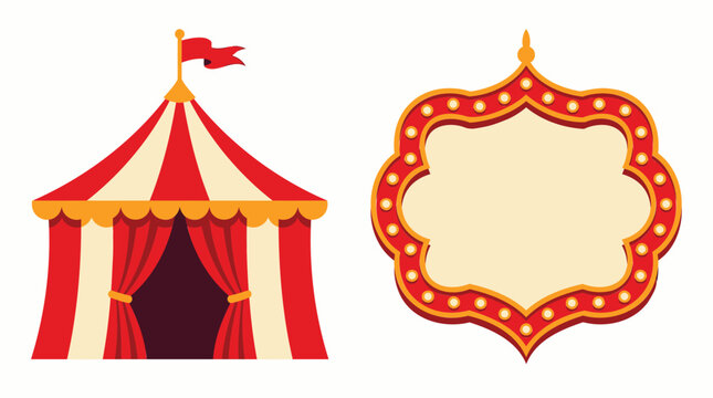 Red and white circus tent vector illustration with blank light frame board isolated on white background