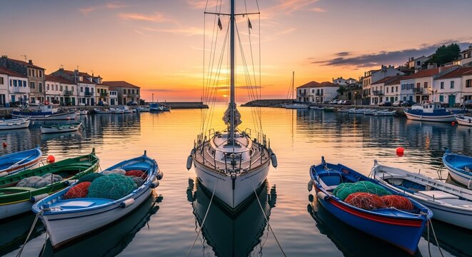Picturesque harbor scene at sunset with numerous boats docked in calm waters, surrounded by charming coastal buildings.