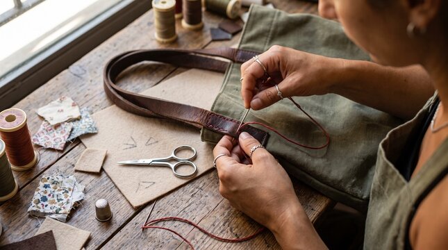 Artisan hand stitching a leather bag strap. Visible mending and sashiko repair technique on canvas. Craft workshop workspace