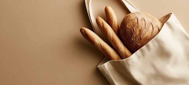 Fresh bread and baguettes in a bag on a simple background