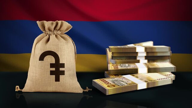 Armenian 50k Dram Banknote Bundles Falling onto a Surface with Armenian National Flag Background, 3D Money Animation in Slow Motion for Currency, Banking and Financial Business Concepts