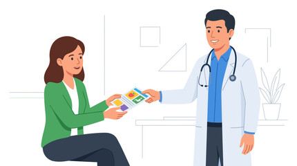 Fototapeta premium Doctor gives health information pamphlet to smiling female patient in clinic setting